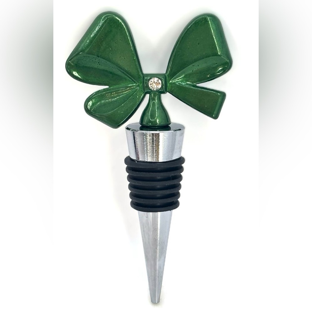 4" Stainless Steel Green Metallic Christmas Holiday Bow Wine Bottle Stopper New